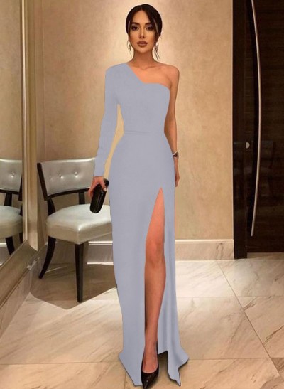 A-Line One-Shoulder Long Sleeves Floor-Length Prom Dress With High Split