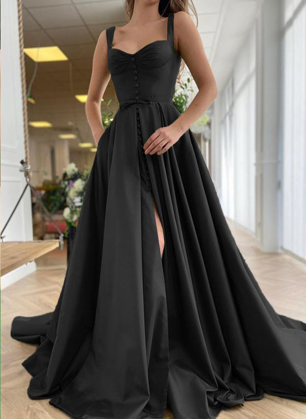A-Line Square Neckline satin Court Train Straps Sleeveless Prom Dresses with Ruffles