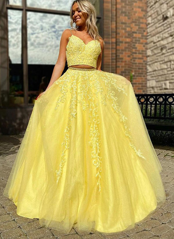 A-Line V-Neck Tulle Floor-Length Two Piece Prom Dresses With Appliques Lace
