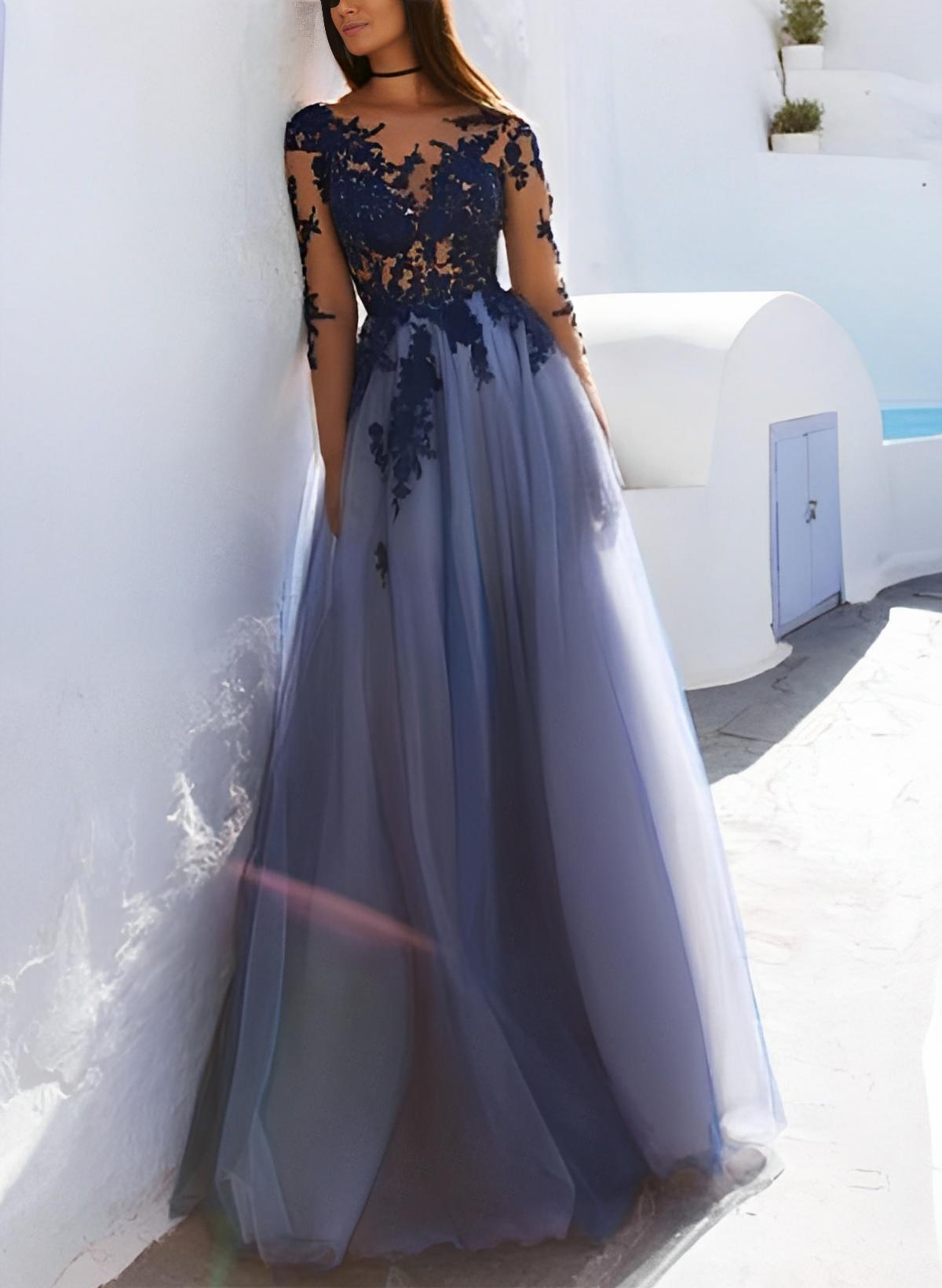 A-Line Scoop Neck Tulle Long Sleeves Floor-Length Prom Dresses With Appliques Lace