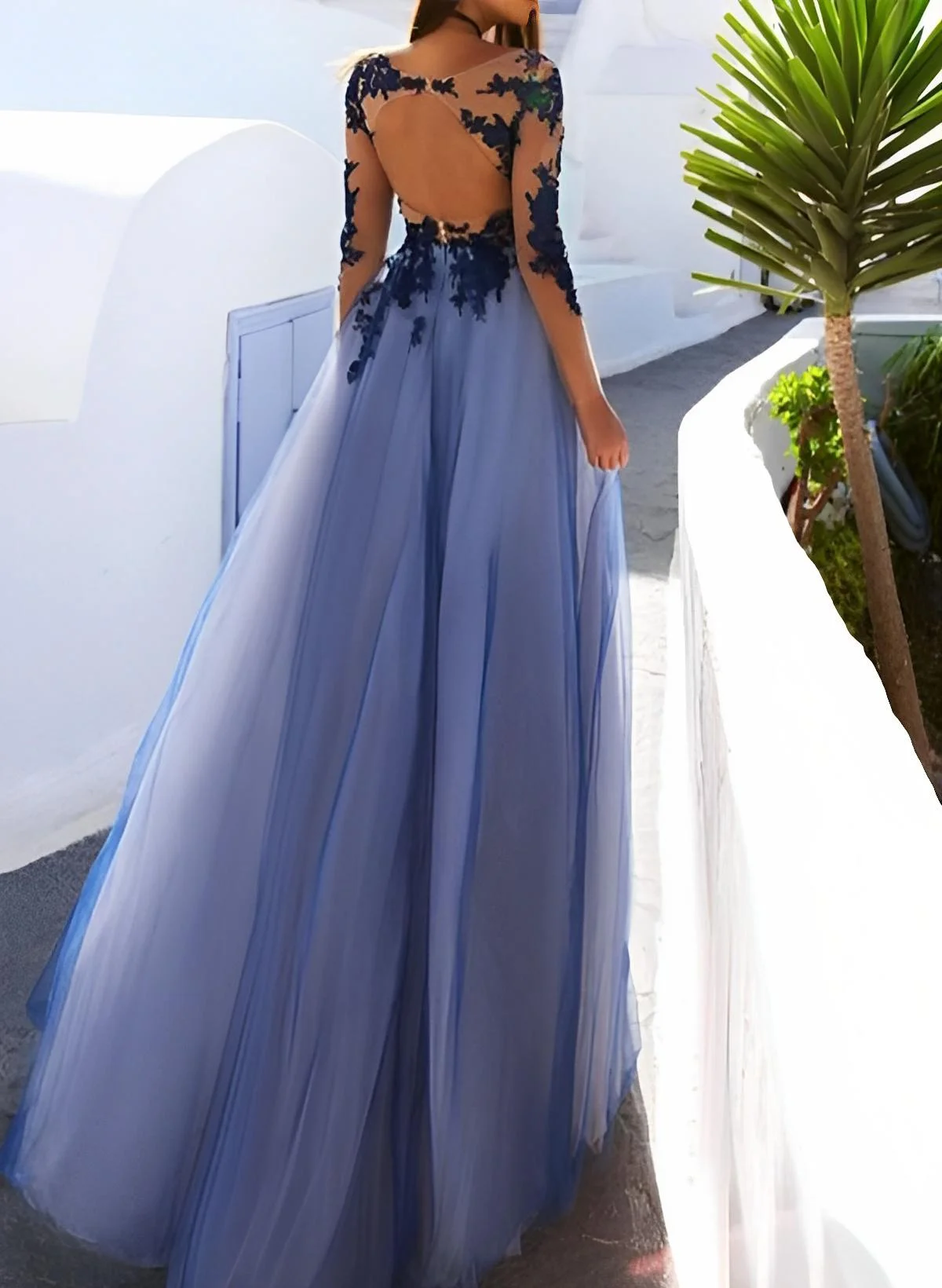 A-Line Scoop Neck Tulle Long Sleeves Floor-Length Prom Dresses With  Appliques Lace - Missacc France