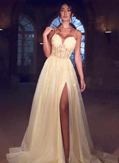 A-Line Sweetheart Lace Sleeveless Sweep Train Prom Dresses with Lace