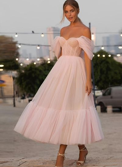 A-Line Tulle Off-The-Shoulder Sleeveless Ankle-Length Cocktail Dresses With Ruffles