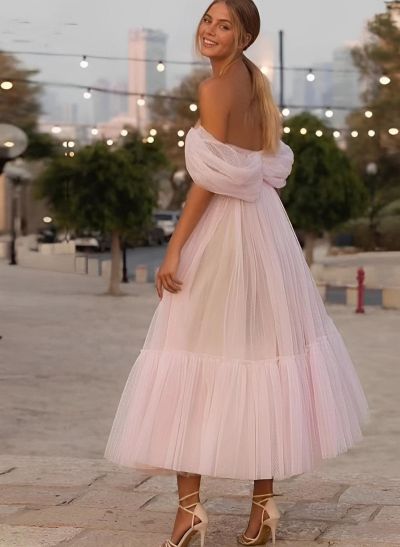 A-Line Tulle Off-the-Shoulder Sleeveless Ankle-Length Prom Dress with Ruffles