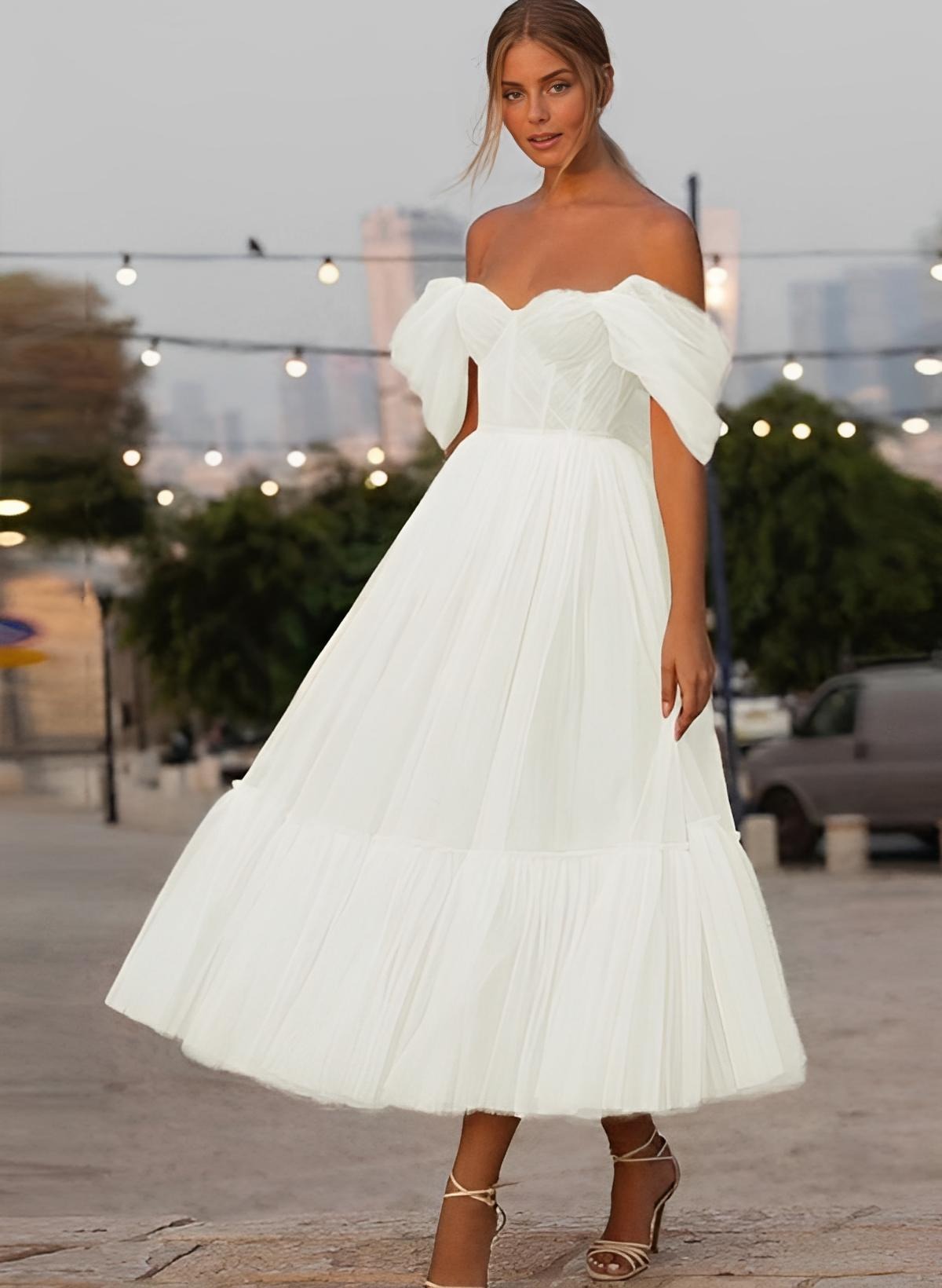 A-Line Tulle Off-the-Shoulder Sleeveless Ankle-Length Prom Dress with Ruffles