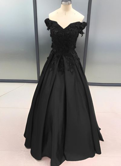 Ball Gown Satin Off-the-Shoulder Sleeveless Floor-Length Dresses With Appliques Lace