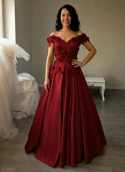 Ball Gown Satin Off-The-Shoulder Sleeveless Floor-Length Dresses With Appliques Lace