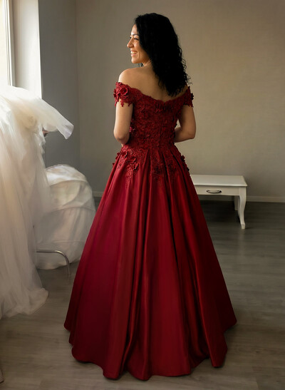 Ball Gown Satin Off-The-Shoulder Sleeveless Floor-Length Dresses With Appliques Lace