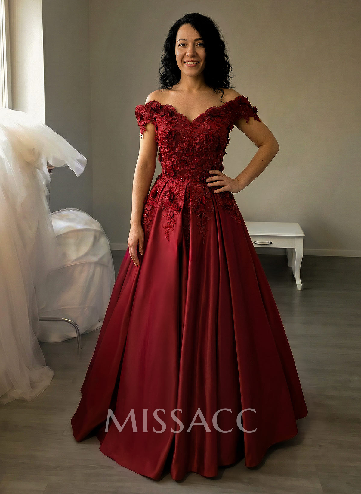 Ball Gown Satin Off-The-Shoulder Sleeveless Floor-Length Dresses With Appliques Lace Ball Gown Satin Off-The-Shoulder Sleeveless Floor-Length Dresses With Appliques Lace