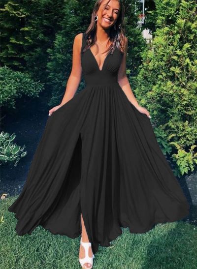 A-Line V-neck Sleeveless Floor-Length Prom Dresses With Ruffles