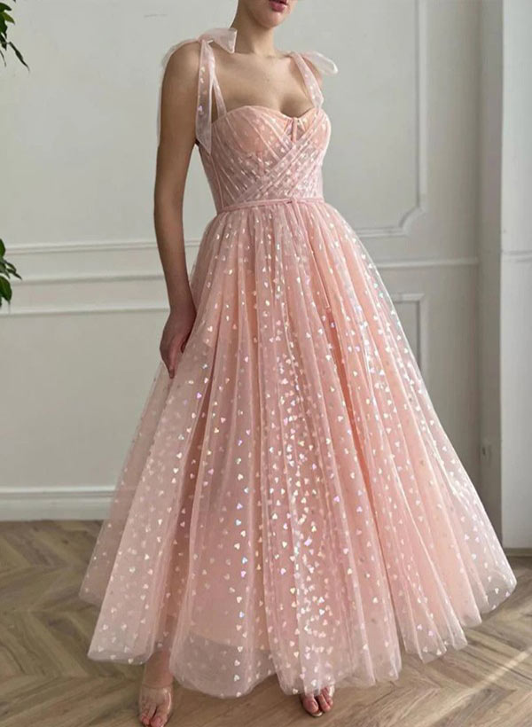 A-Line Sweetheart Tulle Spaghetti Straps Sleeveless Ankle-Length Dresses WIth Ruffles