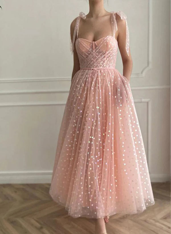 A-Line Sweetheart Tulle Spaghetti Straps Sleeveless Ankle-Length Dresses WIth Ruffles