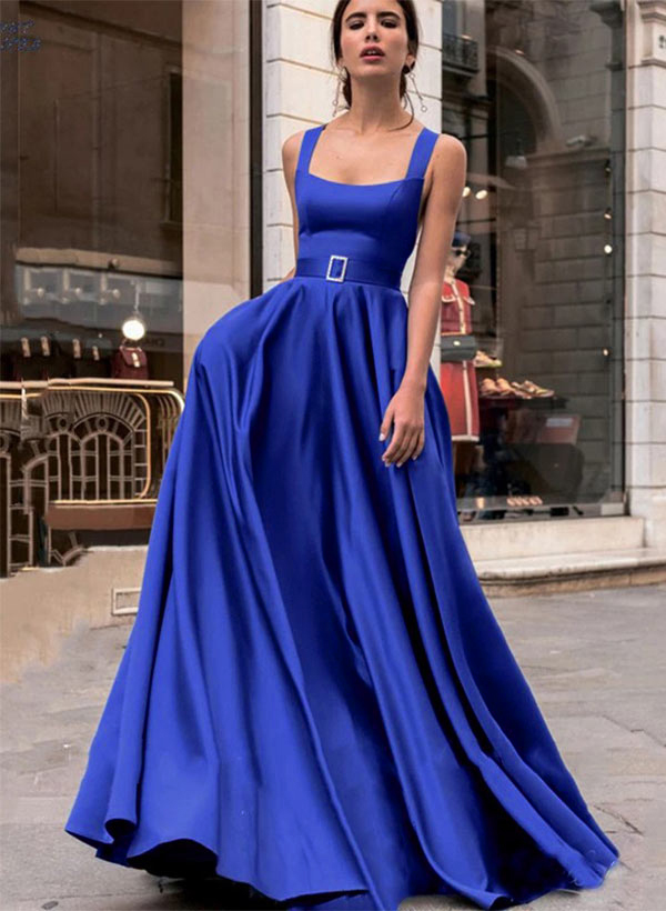 A-Line Square Neckline Satin Sleeveless Sweep Train Prom Dresses