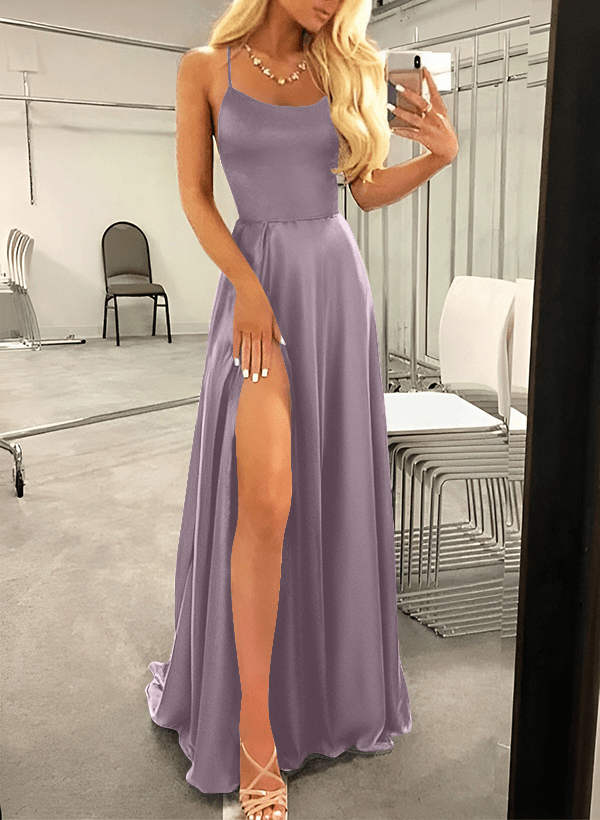 A-Line Square Neckline Silk Like Satin Spaghetti Straps Sleeveless Sweep Train Prom Dresses With Ruffles