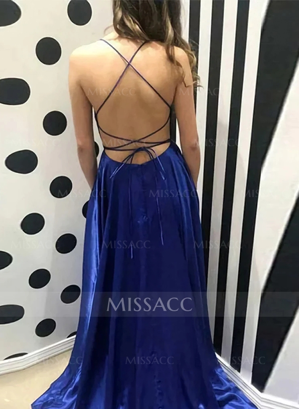 A-Line Square Neckline Silk Like Satin Spaghetti Straps Sleeveless Sweep Train Prom Dresses With Ruffles