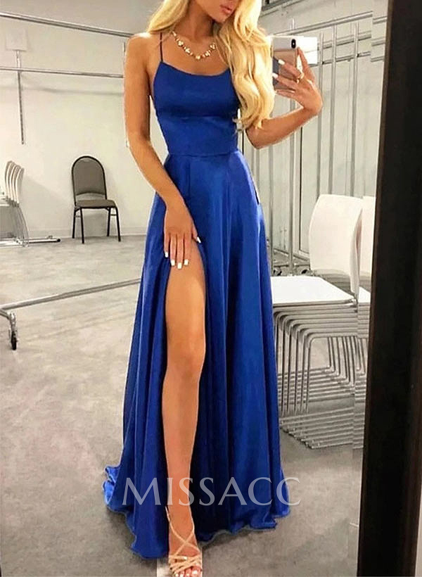 A-Line Square Neckline Silk Like Satin Spaghetti Straps Sleeveless Sweep Train Prom Dresses With Ruffles