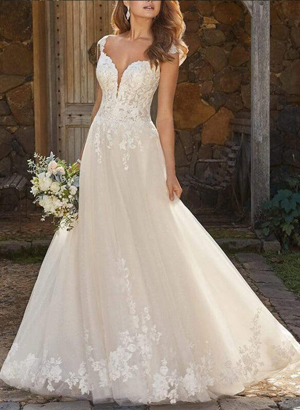 V Neck Tulle Lace A-Line/Princess Wedding Dresses With Appliques Lace