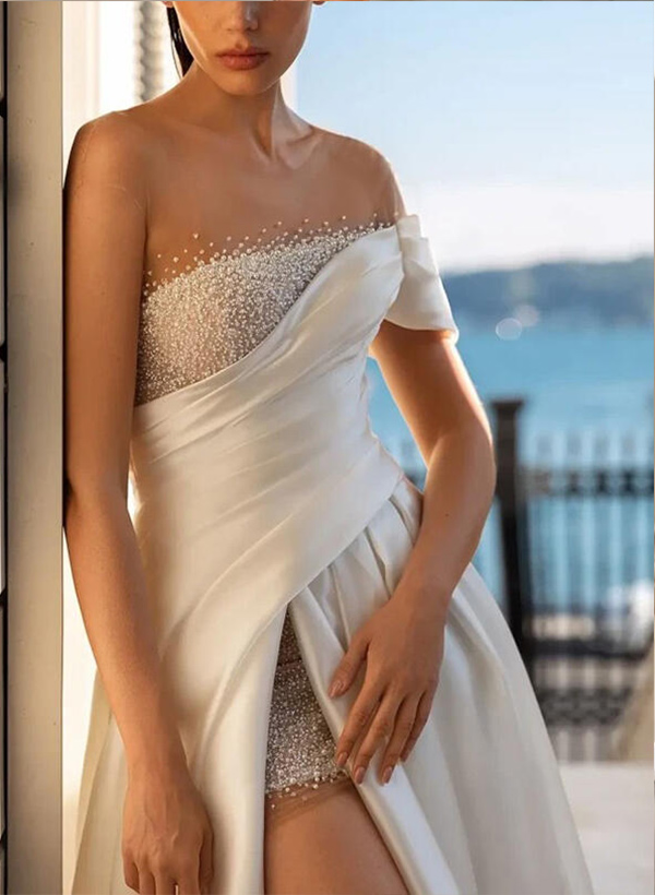 Sequins Split Front Off the shoulder Satin A-Line/Princess Wedding Dresses