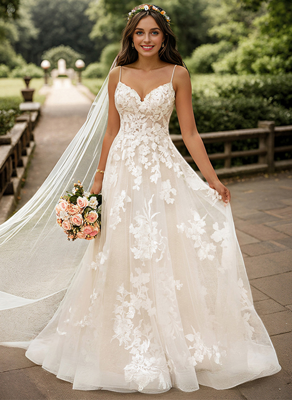 A-Line/Princess V Neck Sweep Train Tulle Lace Wedding Dresses With Appliques Lace
