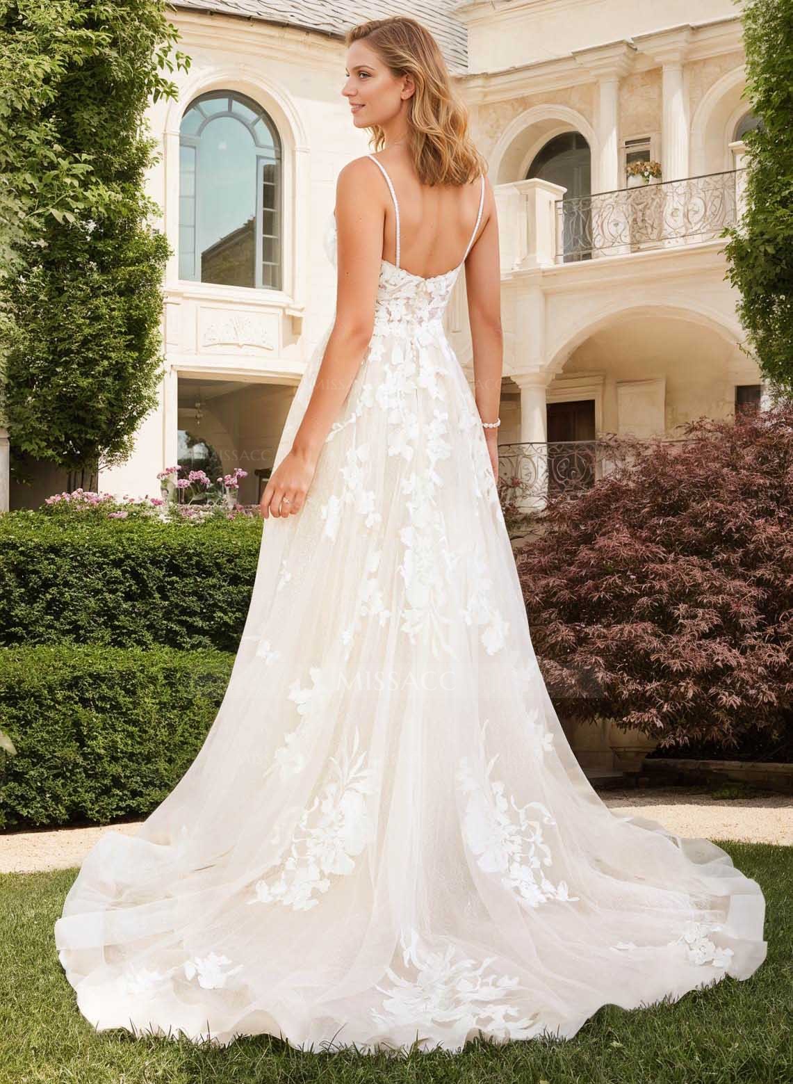 A-Line/Princess V Neck Sweep Train Tulle Lace Wedding Dresses With Appliques Lace