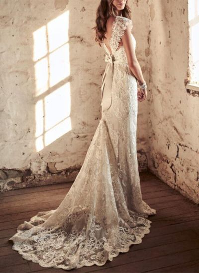 Trumpet/Mermaid V Neck Lace Sweep Train  Wedding Dresses With Lace