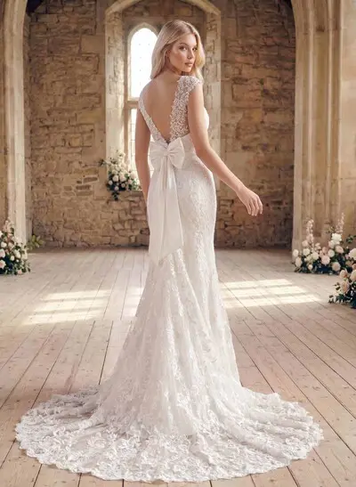 Trumpet/Mermaid V Neck Lace Sweep Train Wedding Dresses With Lace