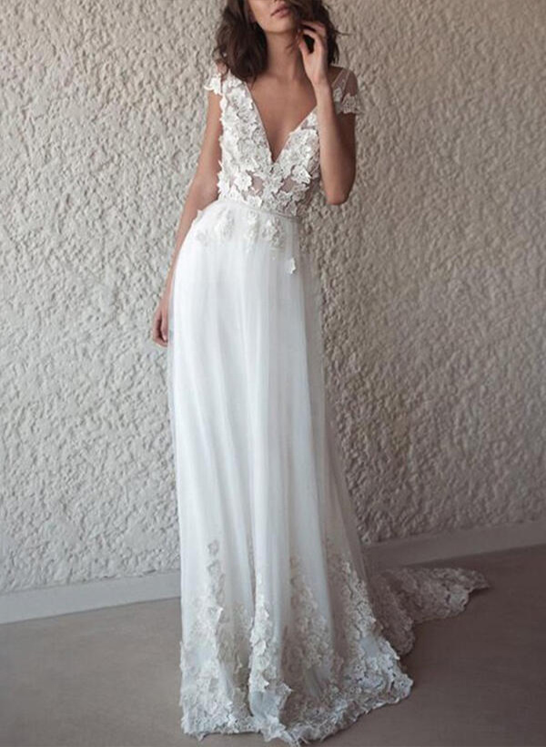 A-Line/Princess  V Neck Tulle Lace Sweep Train Wedding Dresses With Appliques Lace