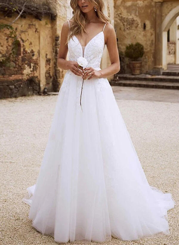 A-Line Lace V Neck Tulle Lace Sweep Train Wedding Dresses With Lace