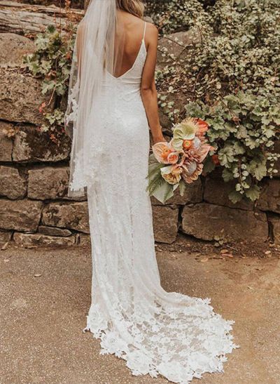 A-Line V Neck Lace Sweep Train Wedding Dresses With Split Front