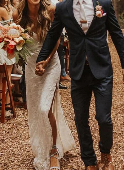 A-Line V Neck Lace Sweep Train Wedding Dresses With Split Front