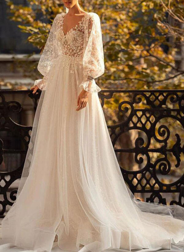 A-Lines Lace V Neck Tulle Lace Sweep Train Wedding Dresses With Lace