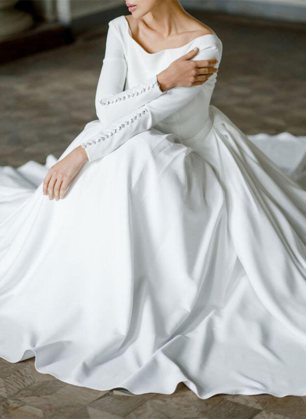 A-Line/Princess Long Sleeves Scoop Neck Satin Court Train Wedding Dresses