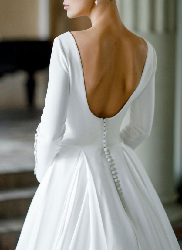A-Line/Princess Long Sleeves Scoop Neck Satin Court Train Wedding Dresses