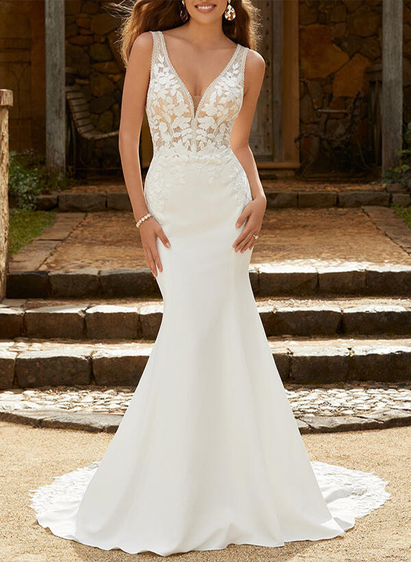 Trumpet/Mermaid V Neck Satin Lace Sweep Train Wedding Dresses With Appliques Lace