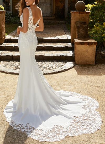 Trumpet/Mermaid V Neck Satin Lace Sweep Train Wedding Dresses With Appliques Lace