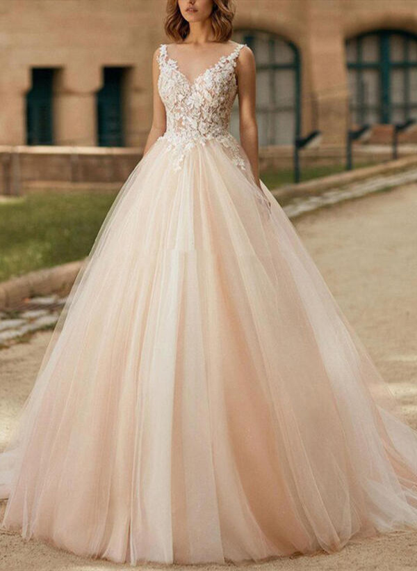 A-Line/Princess V Neck Tulle Lace Sweep Train Wedding Dresses With Lace
