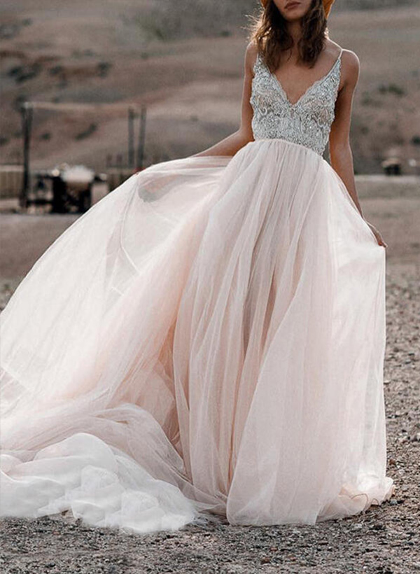 A-Line V Neck Tulle Lace Court Train Wedding Dresses With Lace Beading