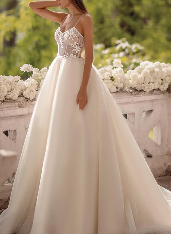 A-Line/Princess V Neck Tulle Lace Sweep Train Wedding Dresses With Appliques Lace
