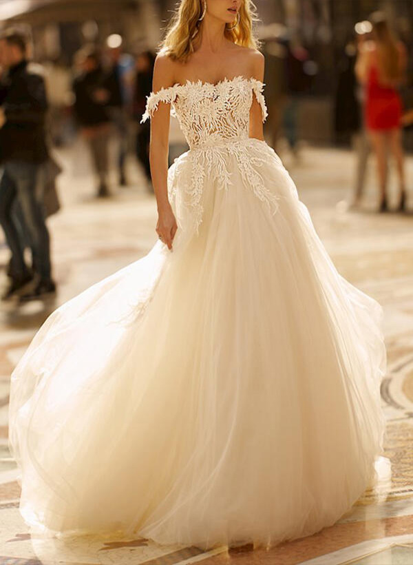 A-Line/Princess Off the shoulder Tulle Lace  Sweep Train Wedding Dresses With lace
