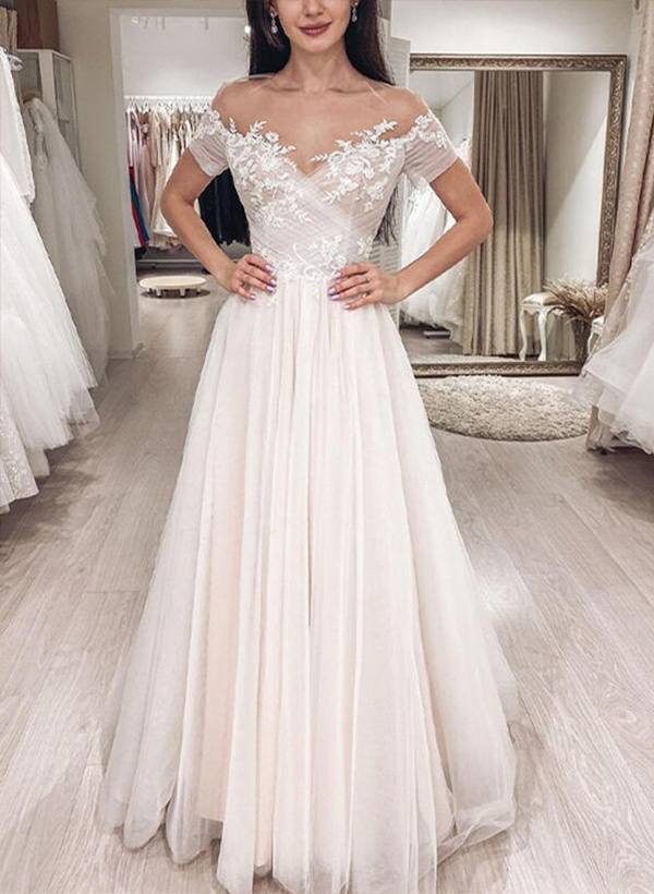 A-Line/Princess Off the shoulder Tulle Lace Sweep Train Wedding Dresses With Lace
