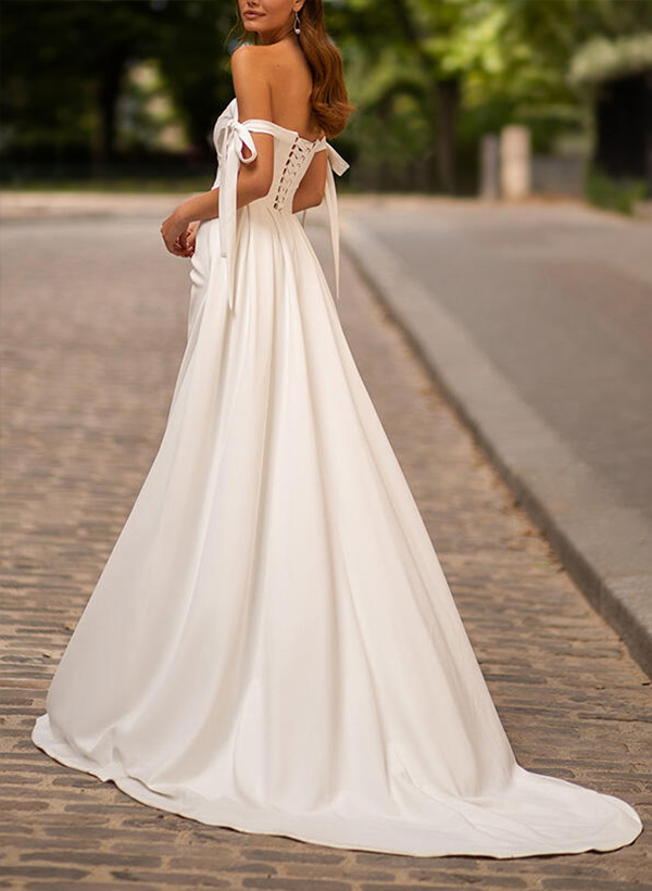 A-Line Sweetheart Satin  Sweep Train Wedding Dresses With Split Front