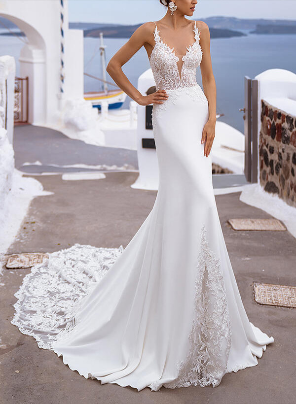 Trumpet/Mermaid V Neck Satin Lace Court Train Wedding Dresses With Lace