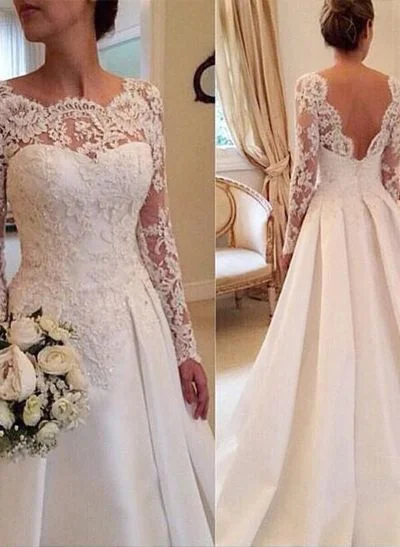 Ball-Gown Scoop Neck Satin Lace Court Train Wedding Dresses With Lace
