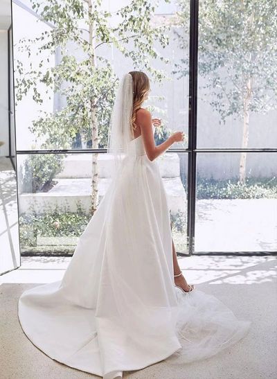 A-Line Sweetheart Satin Sweep Train Wedding Dresses With Split Front