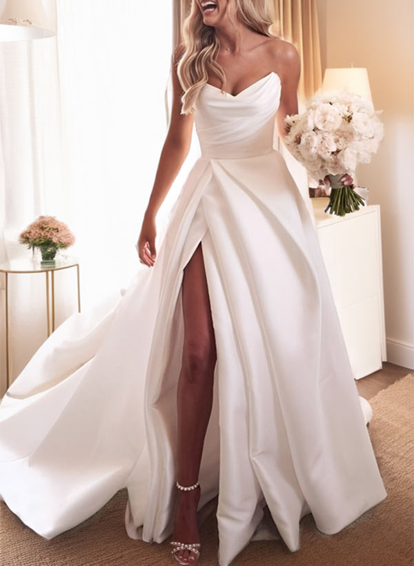 A-Line Sweetheart Satin Sweep Train Wedding Dresses With Split Front
