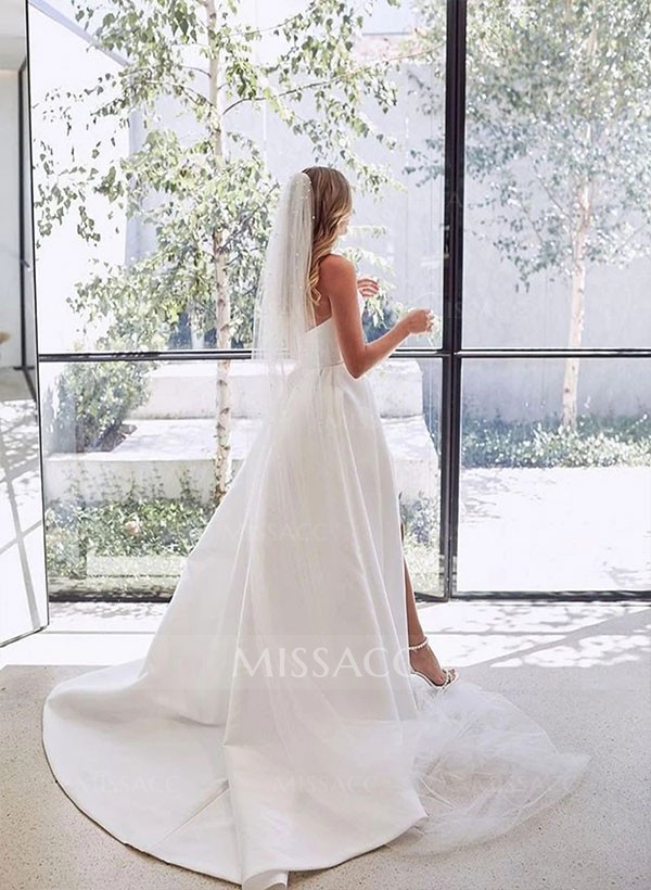 A-Line Sweetheart Satin Sweep Train Wedding Dresses With Split Front