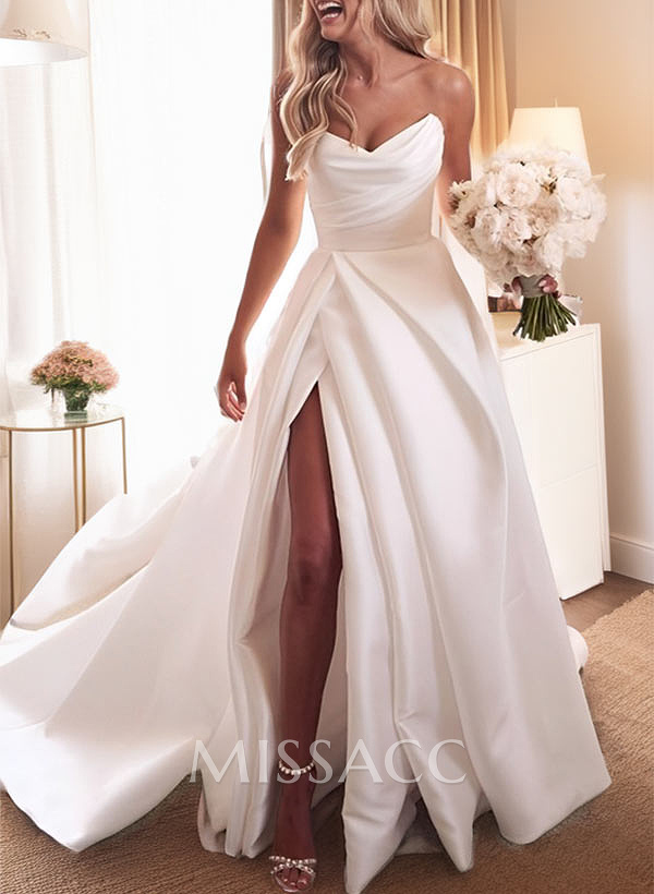 A-Line Sweetheart Satin Sweep Train Wedding Dresses With Split Front A-Line Sweetheart Satin Sweep Train Wedding Dresses With Split Front