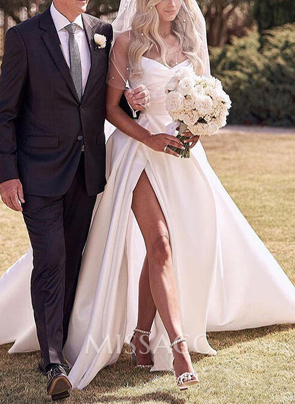 A-Line Sweetheart Satin Sweep Train Wedding Dresses With Split Front A-Line Sweetheart Satin Sweep Train Wedding Dresses With Split Front