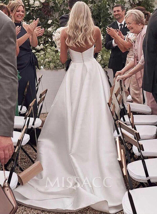 A-Line Sweetheart Satin Sweep Train Wedding Dresses With Split Front A-Line Sweetheart Satin Sweep Train Wedding Dresses With Split Front