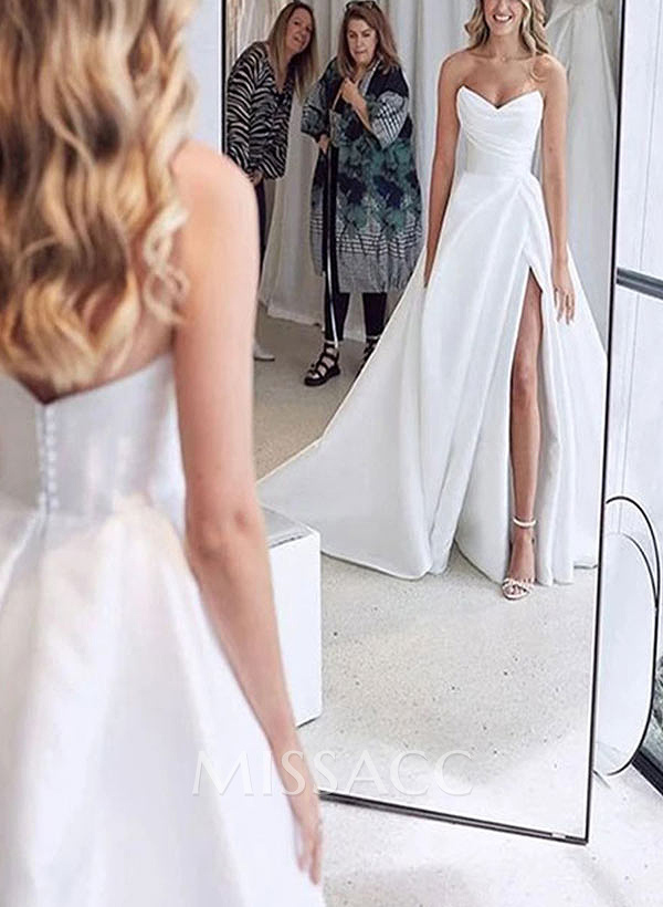 A-Line Sweetheart Satin Sweep Train Wedding Dresses With Split Front A-Line Sweetheart Satin Sweep Train Wedding Dresses With Split Front